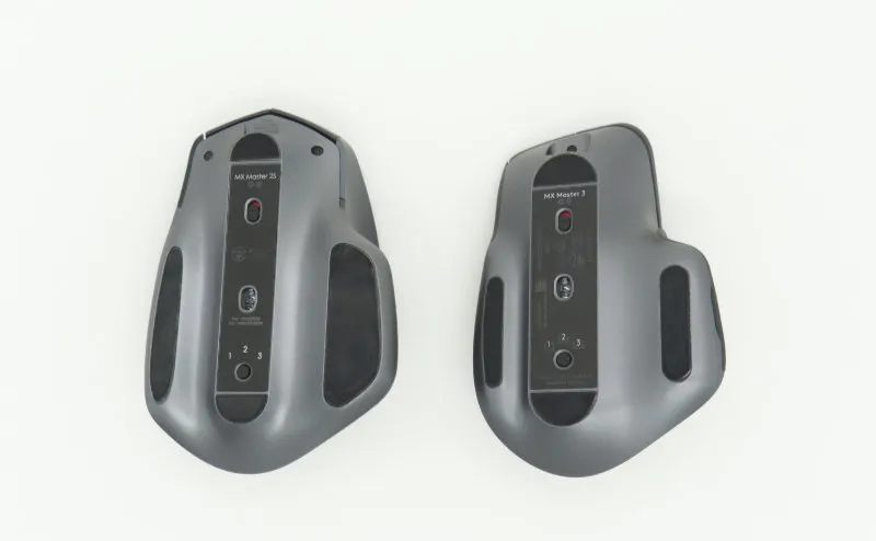 Logitech MX Master 2S and MX Master 3 flipped over, viewed from underneath
